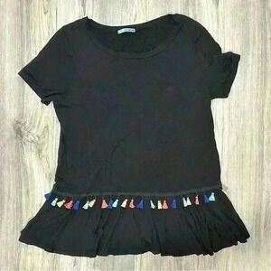 PS Kate Black Short Sleeve Top Colorful Tassel Round Neck Rayon Shirt Size M